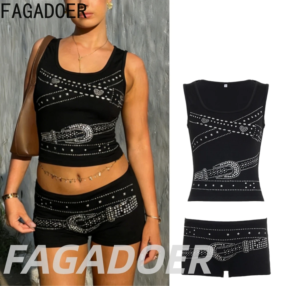 

FAGADOER Sexy Y2K Rhinestone Two Piece Sets Women Round Neck Sleeveless Slim Top And Shorts Outfits Fashion 2pcs Streetwear 2026