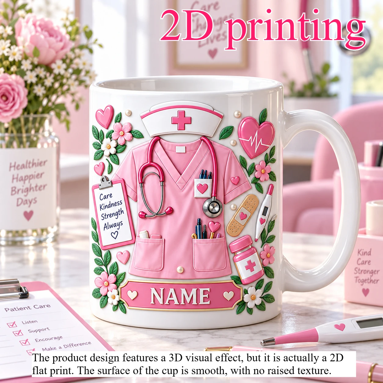 Personalized Nurse Mug Custom Name 11oz Pink Ceramic Coffee Cup 2D Printing Stethoscope Design Gift for Medical Worker Birthday