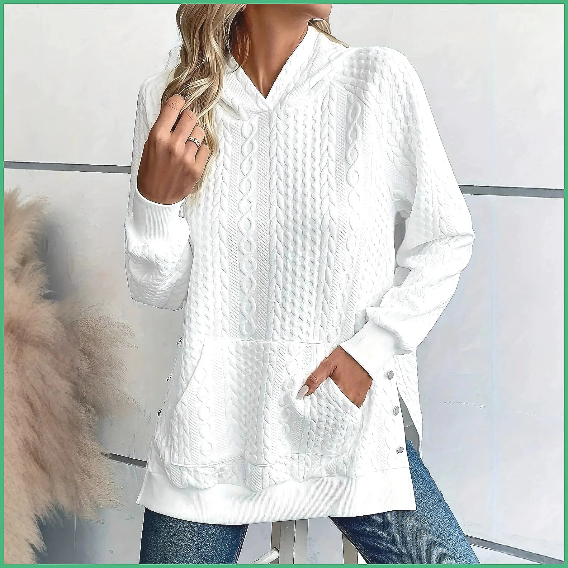 

Autumn Winter Women's Ribbed Hoodie Loose Long Sleeve Pocket Sweatshirt Casual Pullover