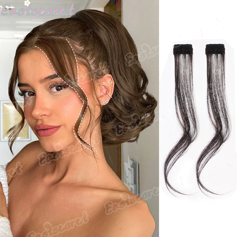 Long Side Air Bangs 10/14inch Long Wavy Curly Clip in Bangs Front Side Bangs for Women Daily Use 2 PCS Synthetic Long Temples