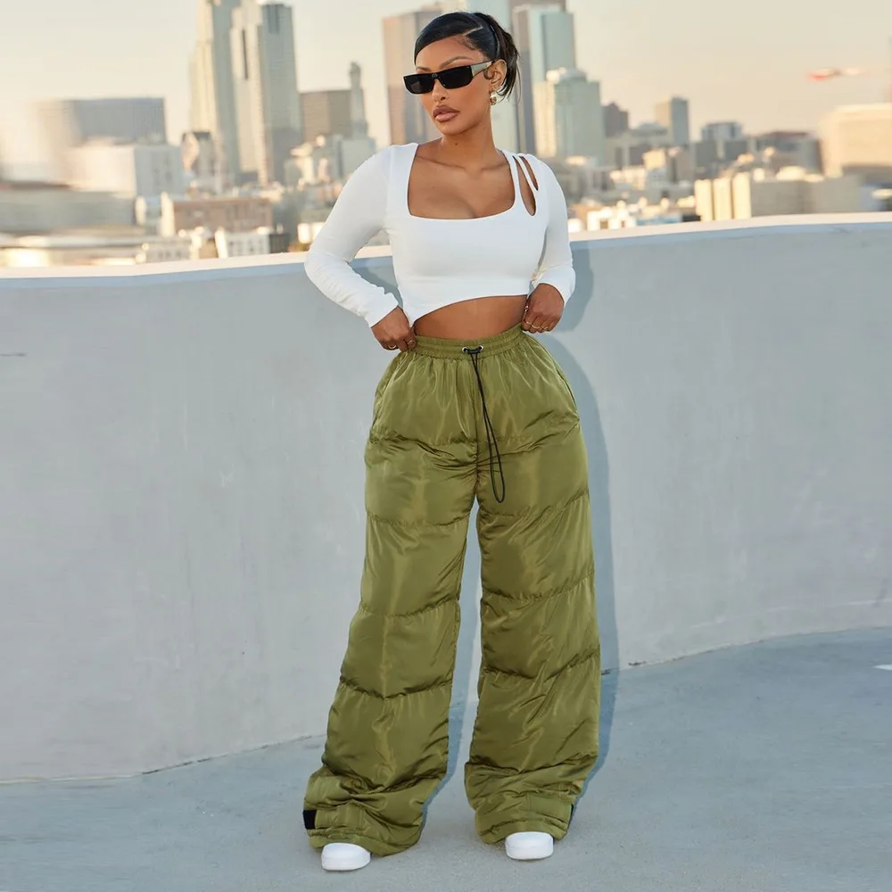 Women Drawstring Soft Wide Leg Green Pants High Waist Casual Cotton Trousers 2023 Fall Winter Thick Warm Straight Sweatpants