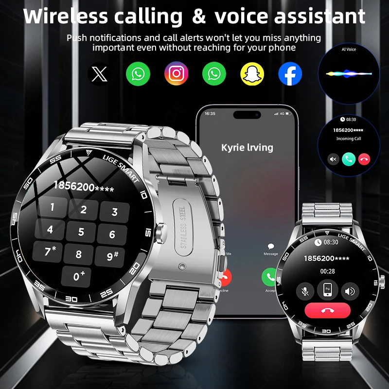 LIGE Nowy Smartwatch Męski ze Stali 1,38 cala Połączenia Bluetooth Zegarki Biznesowe Męskie Monitorowanie Aktywności Fitness Sportowy Pomiar Tętna Zdrowotny Smartwatch