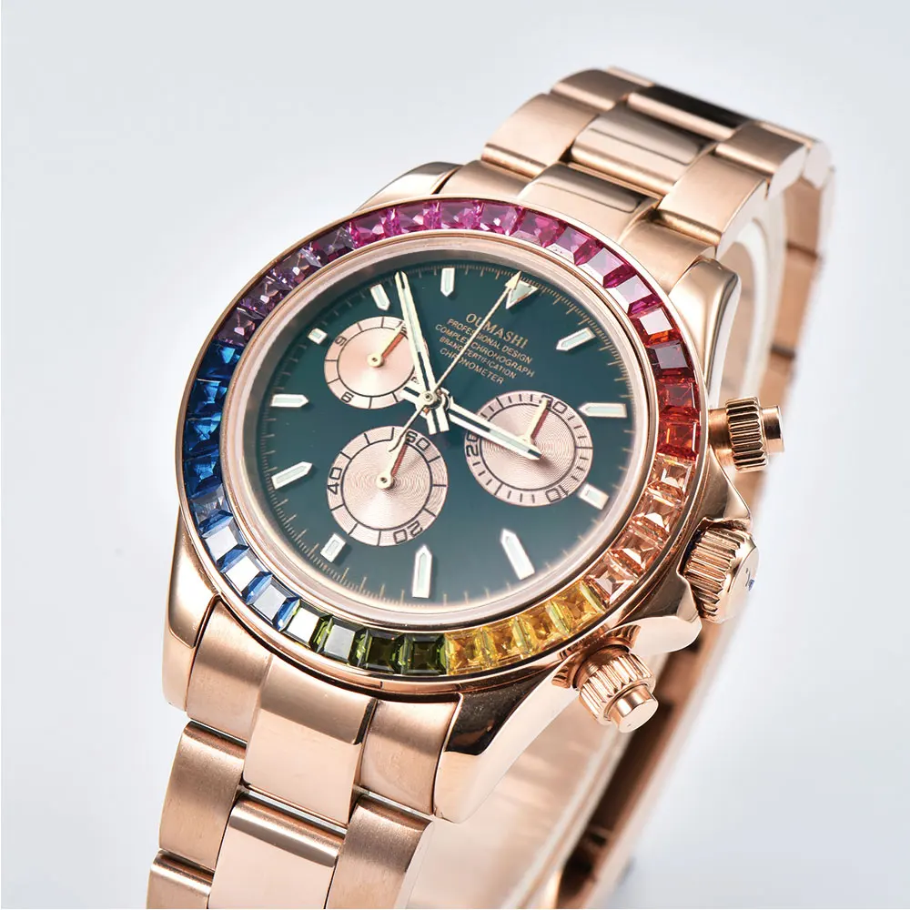 Orologio da polso da uomo di lusso da 39 mm, movimento 7750/4613D, cronografo meccanico con lunetta in pietra preziosa colorata, orologio da uomo in vetro zaffiro