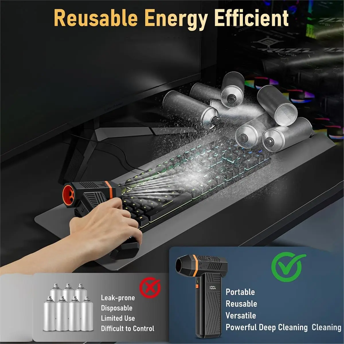 (DT37) Compressed Air Duster,180000RPM Electric Air Duster with LED Display Cordless Air Blower for Keyboard/Car/Home Cleaning