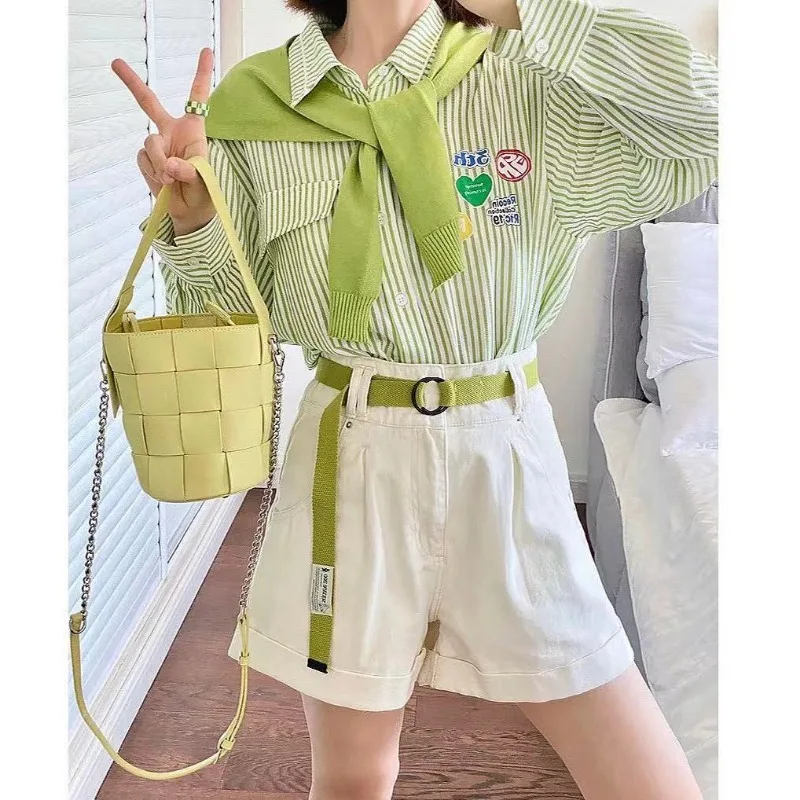 

Femme Spring Summer Korean Simplicity Button printing Striped Color blocking Polo collar Women shirts fashionable Long sleeve to