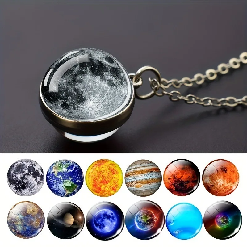 Solar System Galaxy Nebula Necklace, Double Sided Glass Time Gem Pendant, Universe Space Jewelry Wholesale, Gift for Women Men A