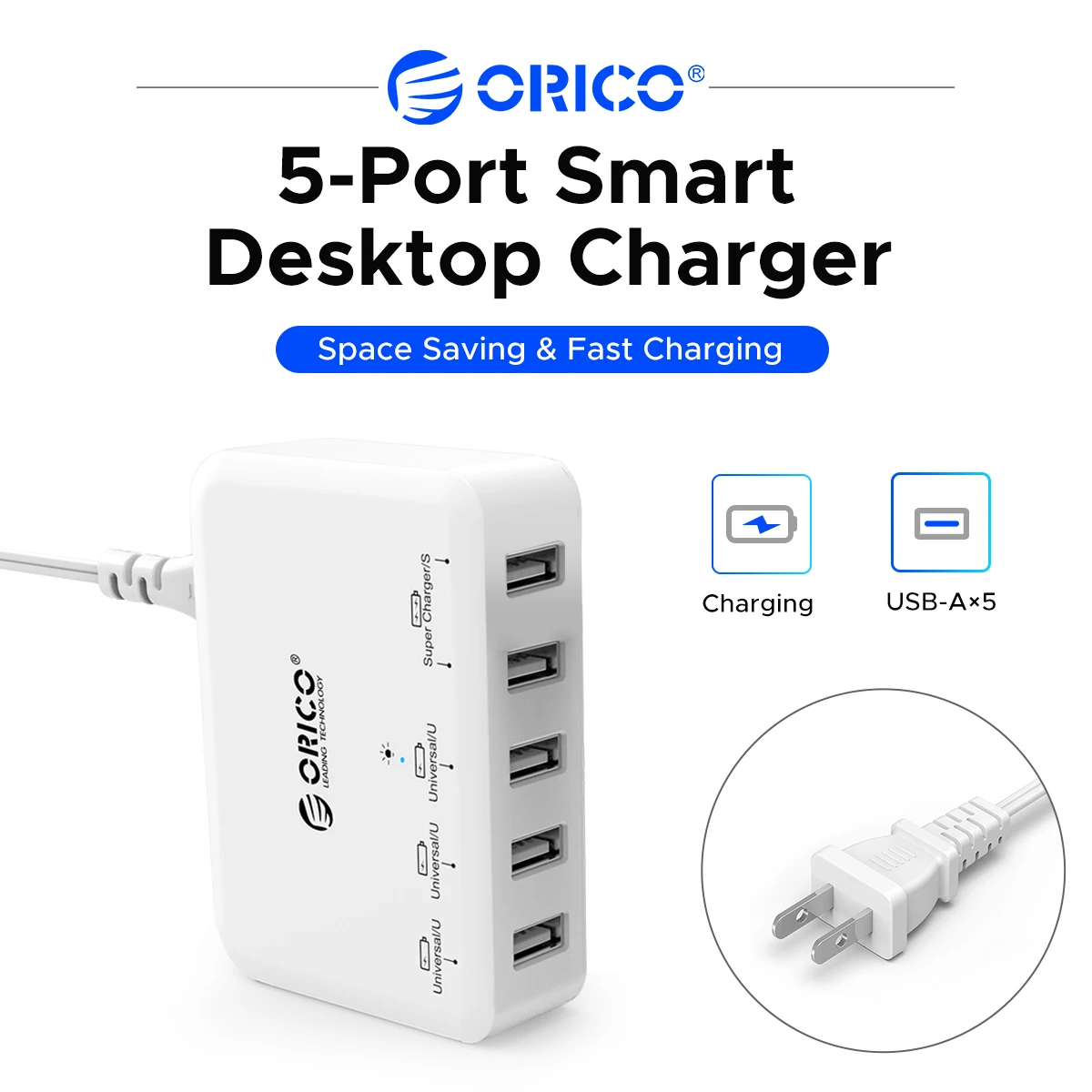 ORICO Multi 5 USB Ports Charger Station Space‑Saving 5 Devices Simultaneous Charging Intelligent Multi‑Protection US Plug