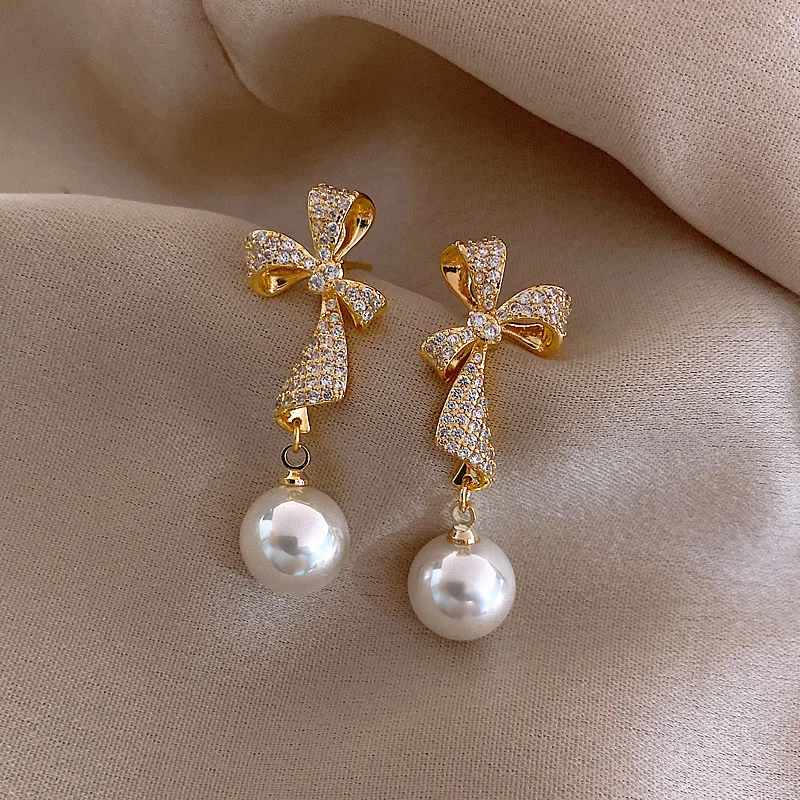 Gold Color Rhinestones Bow Imitation Pearl Dangle Earrings Fashionable Temperament New Trendy Light Luxury Personalized Earring