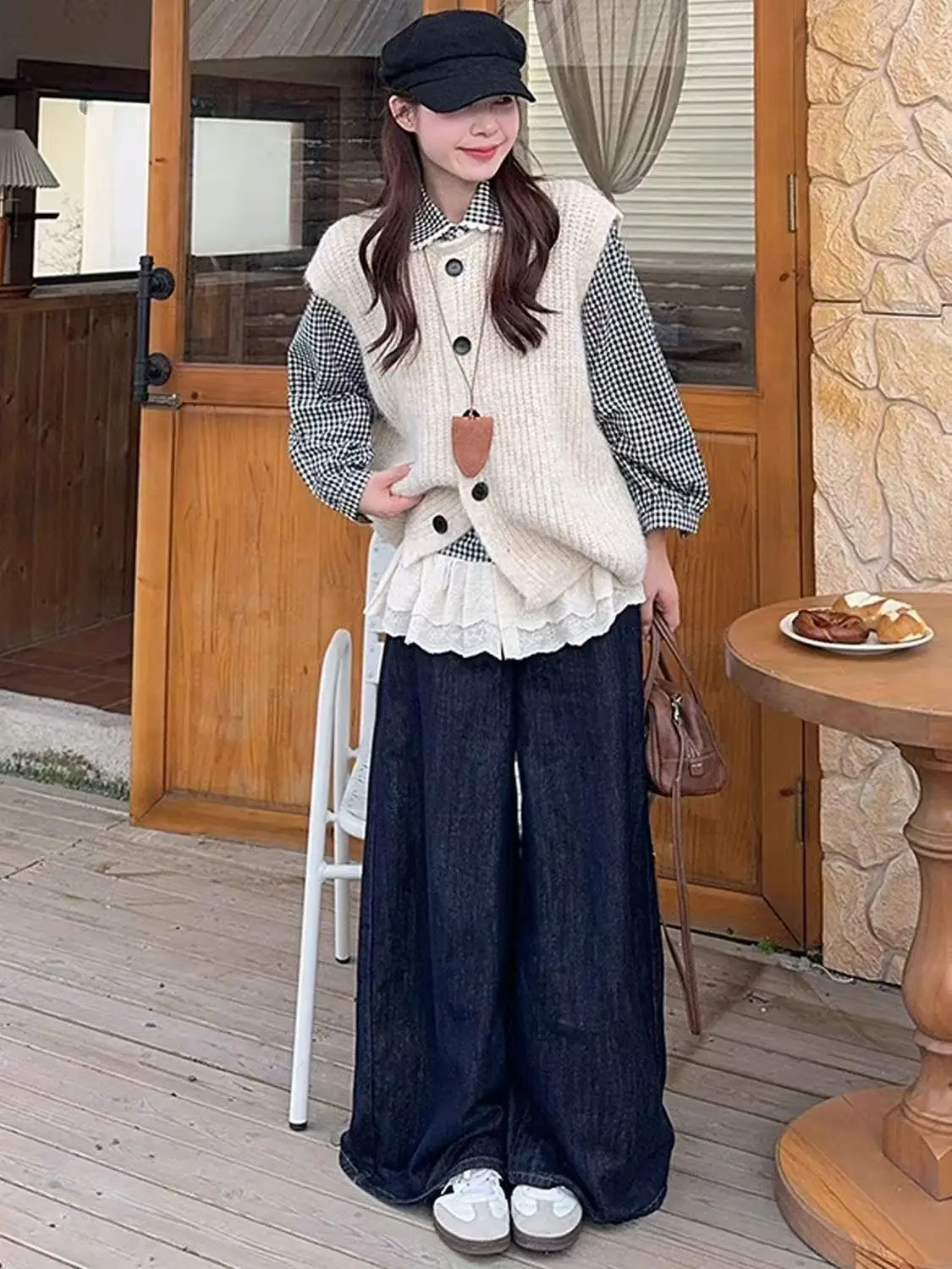 

Retro Japanese Knitted Cardigan Vest Long Sleeve Plaid Lace Two-Piece Set for Young Girls Casual Style Autumn Fashion