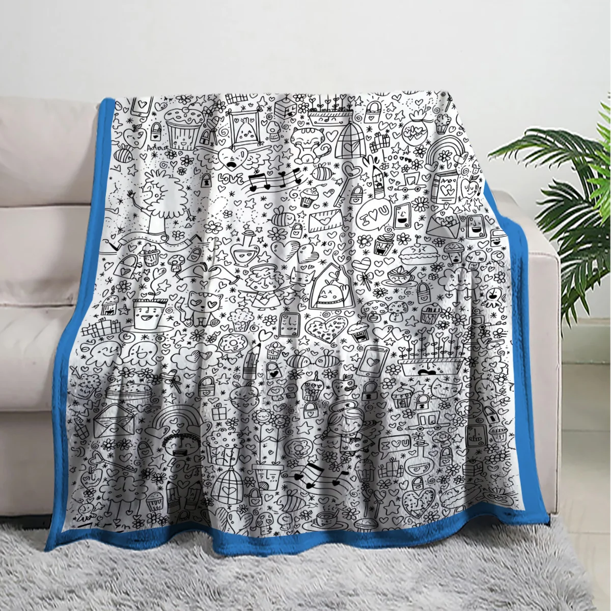 Cute Doodle Throw Blanket Mixed Sweet Cartoon Icons Doodle Line Print Soft Flannel for Kids Room Sofa Lap DIY Craft Decor Gift