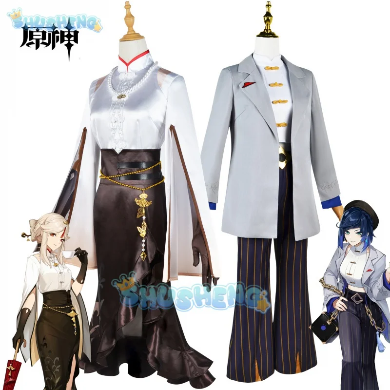 Genshin Impact Ningguang Yelan Cosplay Pizza Hut Costume Wig Cosplay Anime Game Maid Dress Uniform Full Set Halloween Costume