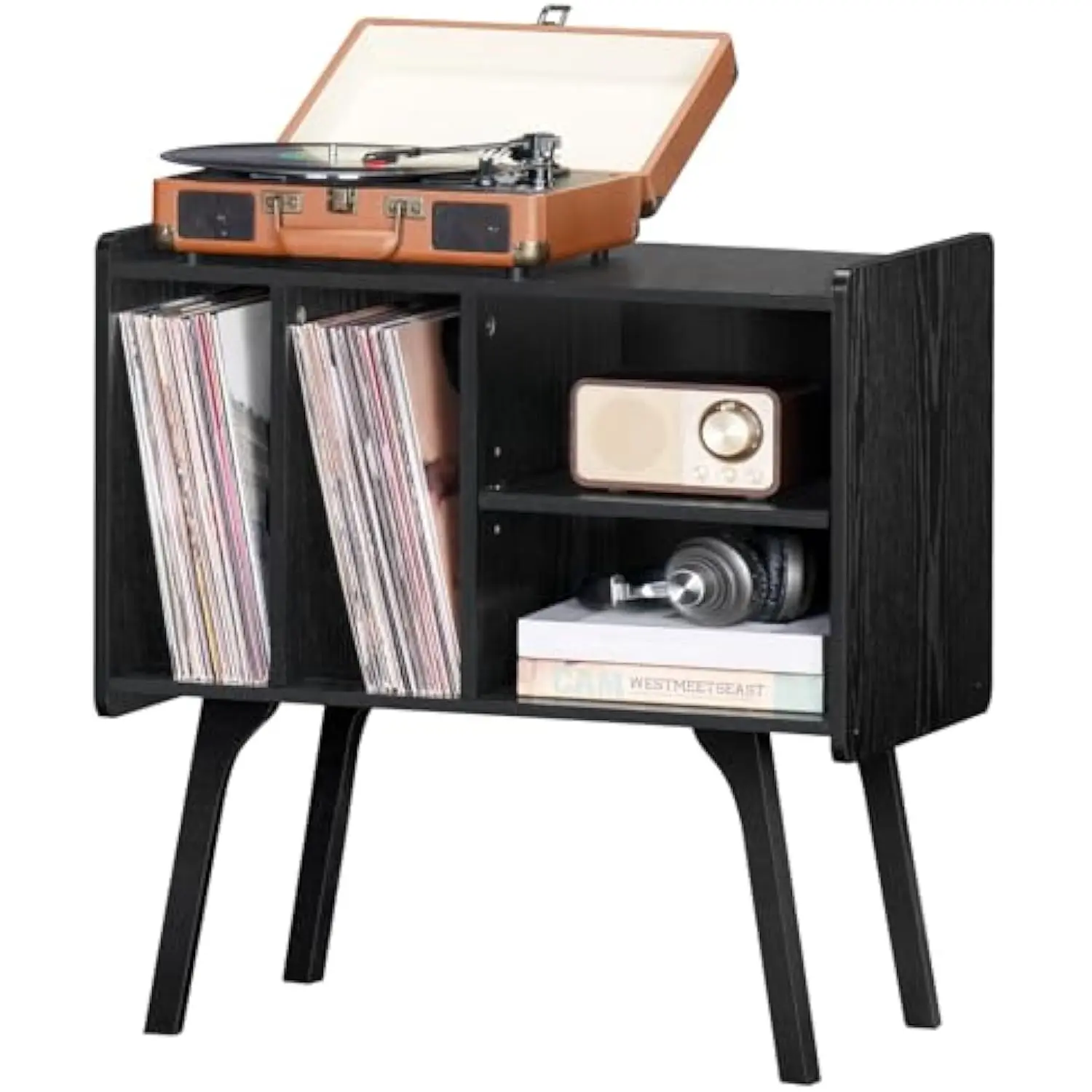 

Record Player Stand,Vinyl Record Storage Table with 4 Cabinet Up to 120 Albums,Mid-Century Turntable Stand with Wood Legs,Blac