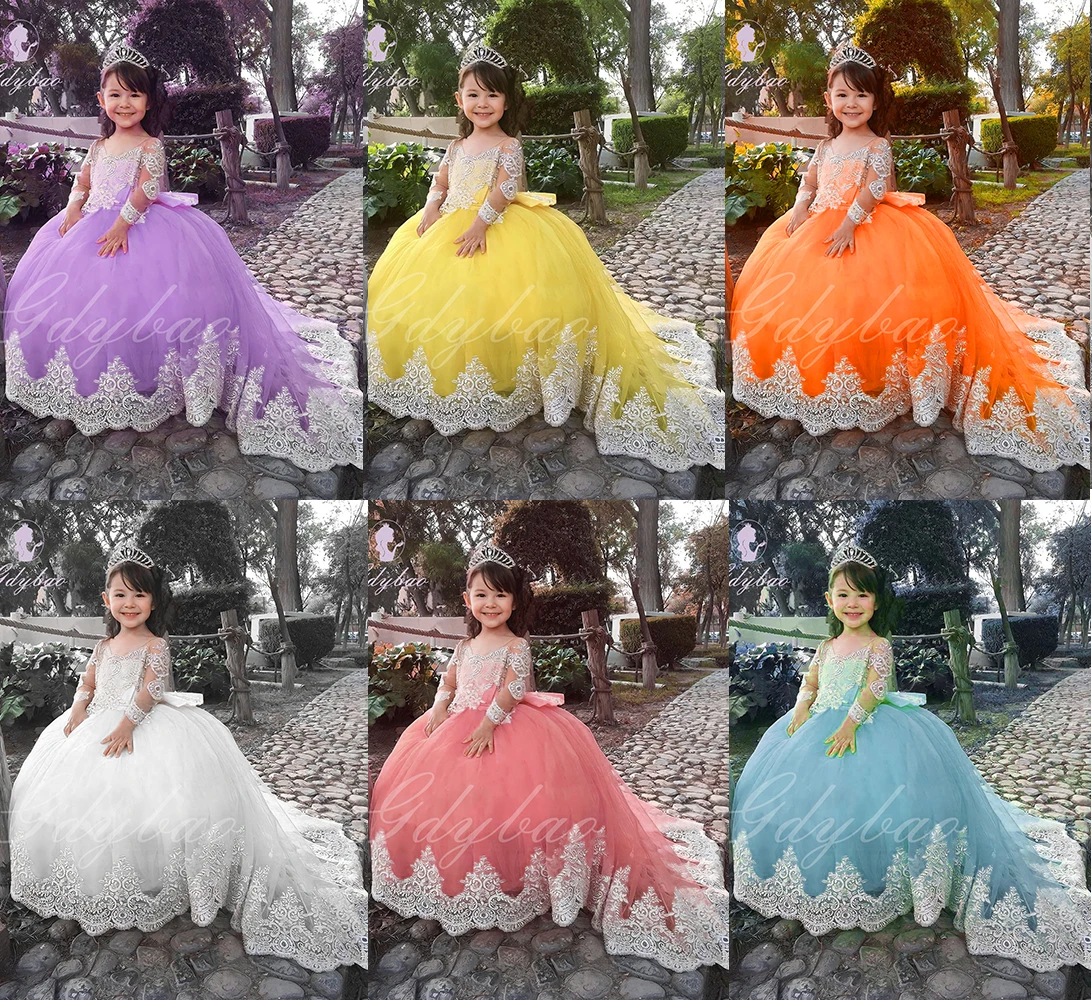 Orange/Yellow Flower Girl Dress For Wedding Lace Applique Puffy Full Sleeves Baby Kids Birthday Party Ball First Communion Gowns