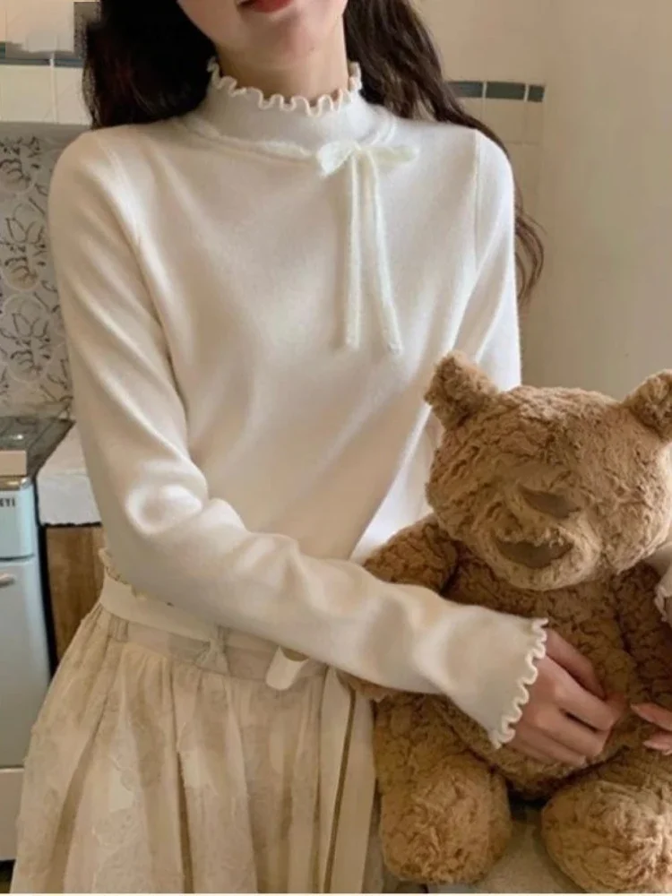 

Осенне-зимняя одежда 2025 года, милые пуловеры, женский джемпер с высоким воротником и оборками, вязаный свитер, топы в Корейском стиле Sueter Mujer