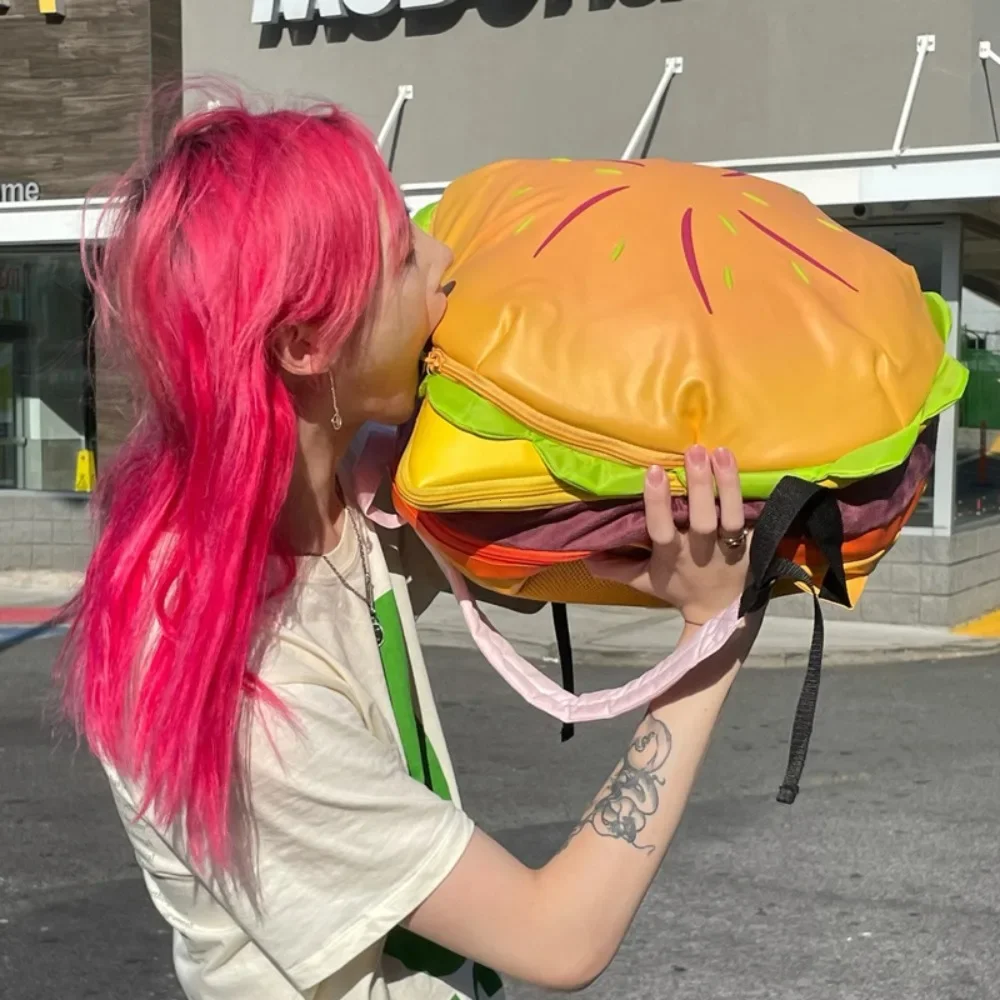 Stylish Hamburger Daypack Laptop Storage Zipper Portable Casual Tote PU Cheeseburger Backpack for Unisex Travel Outdoor Vacation