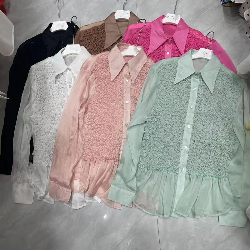 Sexy See Through Chiffon blusas para mulheres, camisas brancas, fungo pesado, mangas compridas, blusas soltas, outono, novo, 2022