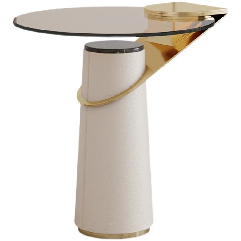 yz-Coffee Table Gold Metal Frame Beige Leather Wrapped Cone Base Smoked Tempered Glass Top Modern Minimalist Luxury Living Room-