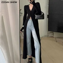 2023 Sexy Rayon cotton Knitting Rib Single Breasted Buttons Maxi Long Cardigan Woman V neck Long Sleeve Slim Waist Blouse Tops