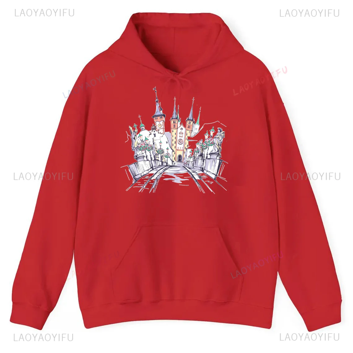 Alte Mainbrucke Old Main Bridge with Statues of Saints in Wurzburg Germany Woman Hoodie Creative Drop Shoulder Unisex Pullover