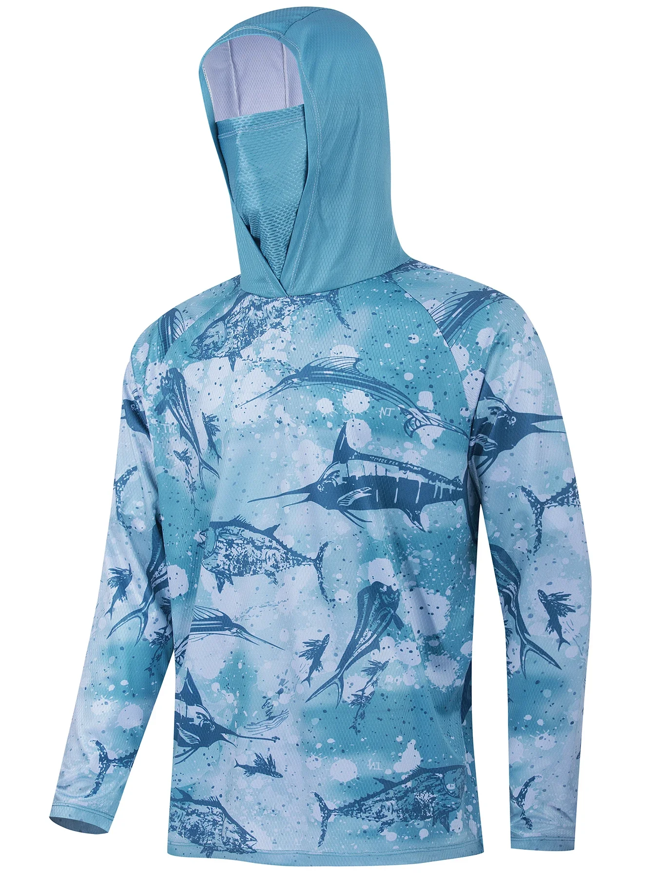 Men’s Hooded Fishing Shirt Lightweight Quick Dry Sun Protection UV Blocking Performance Apparel with 3D Bass Fish Print Design