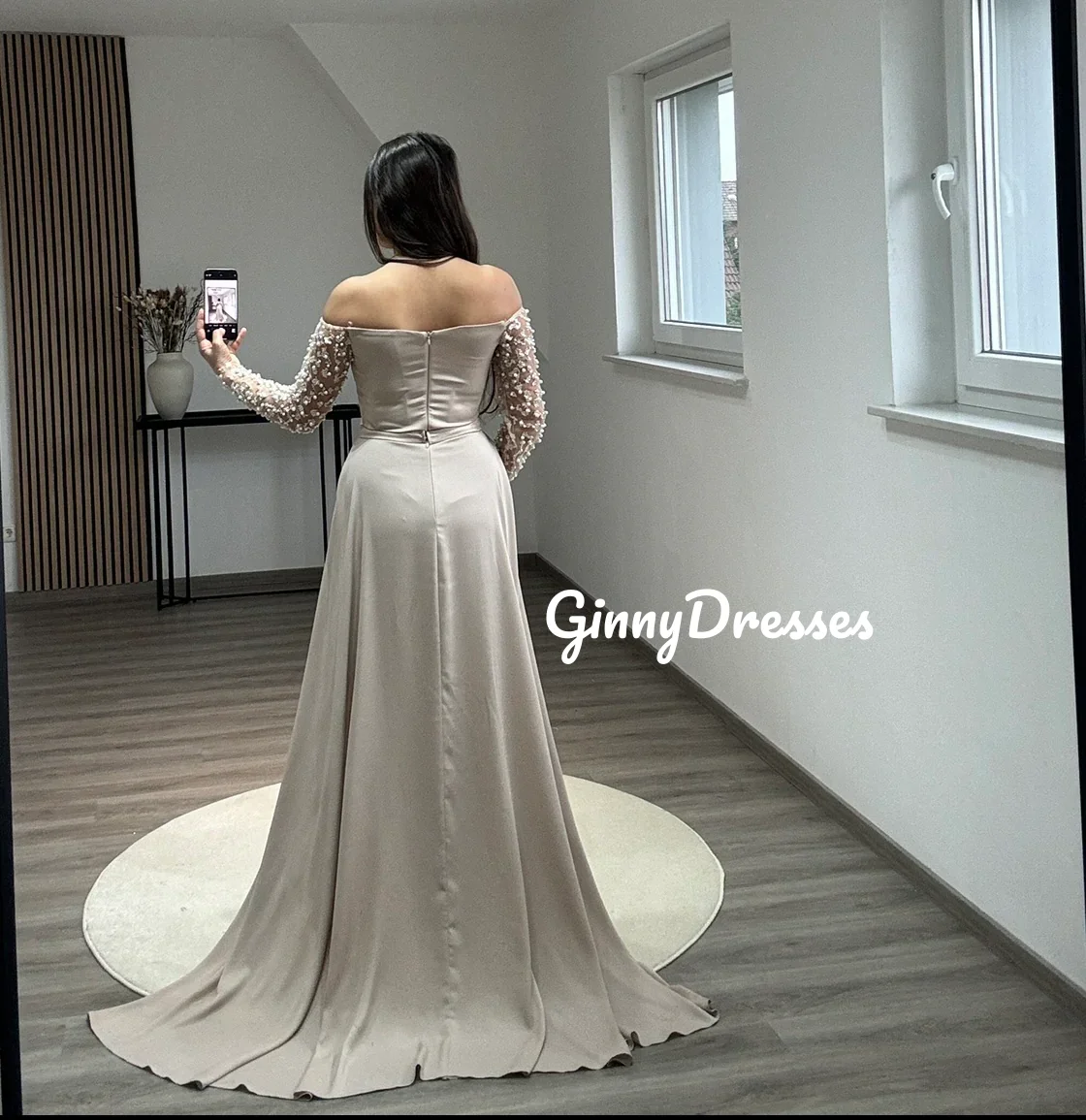 Customized Dresses For Prom Sheath Off-The-Shoulder Neckline Floor-Length Beadings Luxury Evening Dresses Long Sleeves Zipper Up