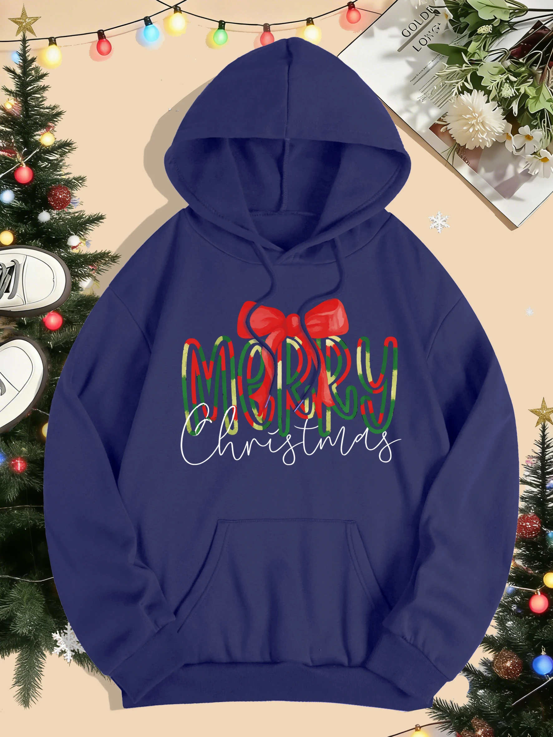 Vrolijk Kerstfeest Strik Prints Vrouwen Hoodies Herfst Winter Pocket Streetwear Losse Casual Trui Comfortabele Fleece Vrouwelijke Hoody