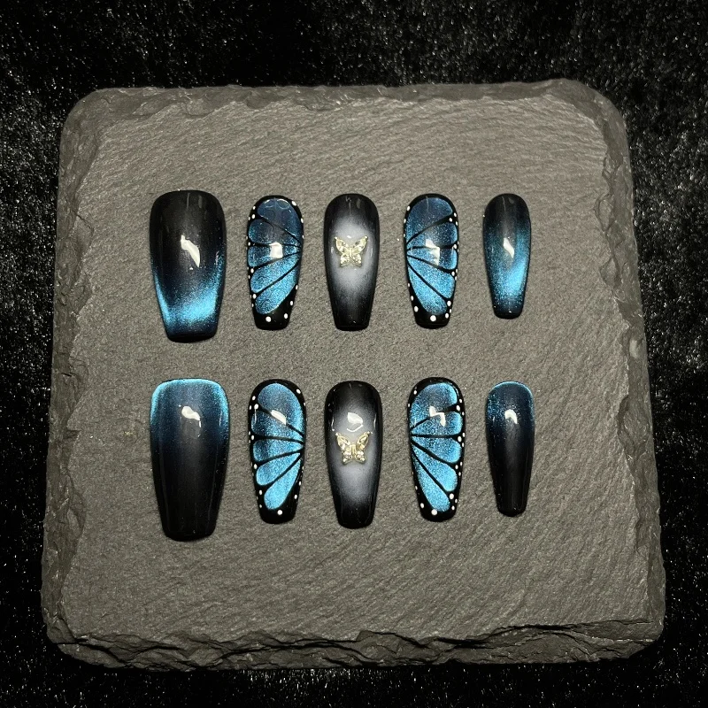 

10 шт., сладкий крутой черный средний гроб, ручная работа, пресс для ногтей, блестящие темно-синие узоры «кошачий глаз», бабочка, накладные ногти Spice Girls
