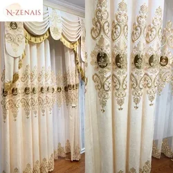 European Beige Valance Embroidered Chenille Luxury Curtains for Living Room Blackout Bedroom Window Dining Custom White Tulle