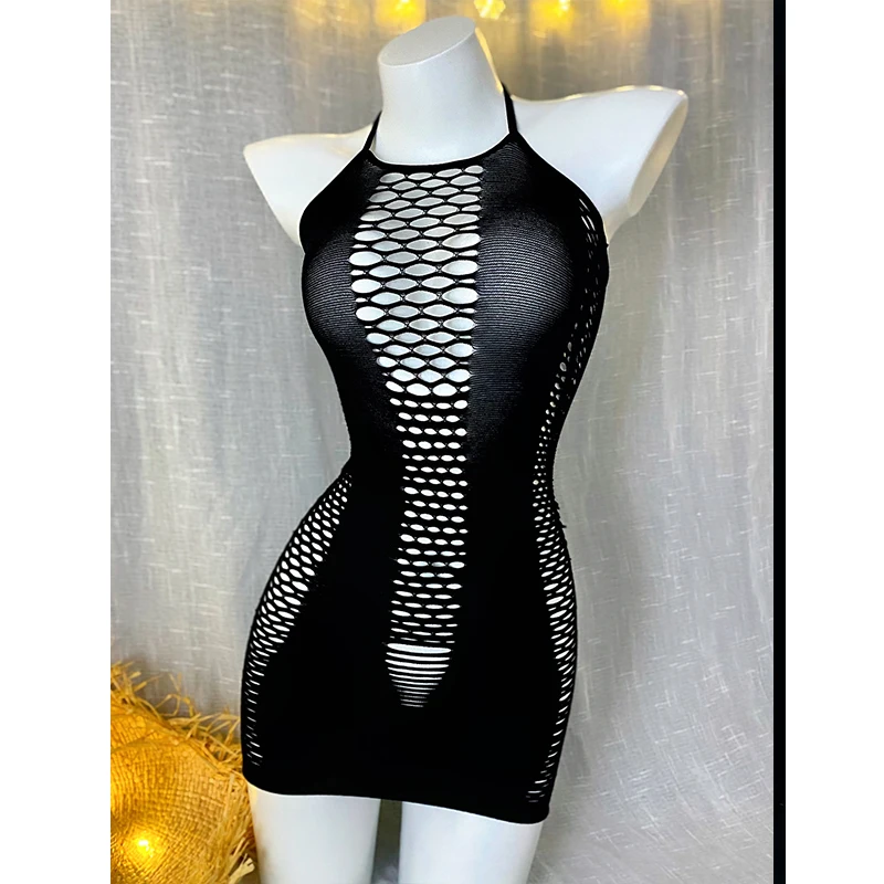 1 pc Sexy Halter Fishnet Cover Up Swimsuit for Music Festival Beach Vacation Hollow Out Elastic Stretchy Summer Bodycon  Dress
