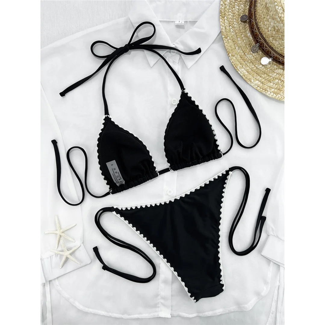 Splicing Neckholder-Bikini Damen-Badebekleidung Zweiteiliger Bikini-Set mit Riemchen und hohem Beinausschnitt Badeanzug V8476 – Detail 5