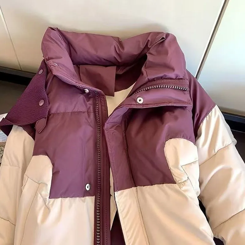 

Шикарная хлопковая одежда контрастного цвета для женщин, новая зимняя шаль с воротником-стойкой, толстое стеганое пальто, модная свободная теплая стеганая куртка