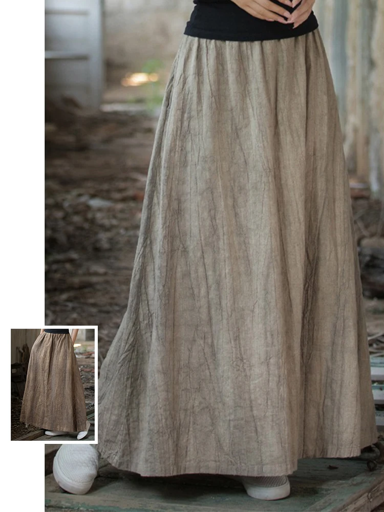 

Retro Distred Long A-Line Midi Skirt Loose Fit High Waist Slimming Draped Pure Color Casual Summer Skirts for plus Size Women