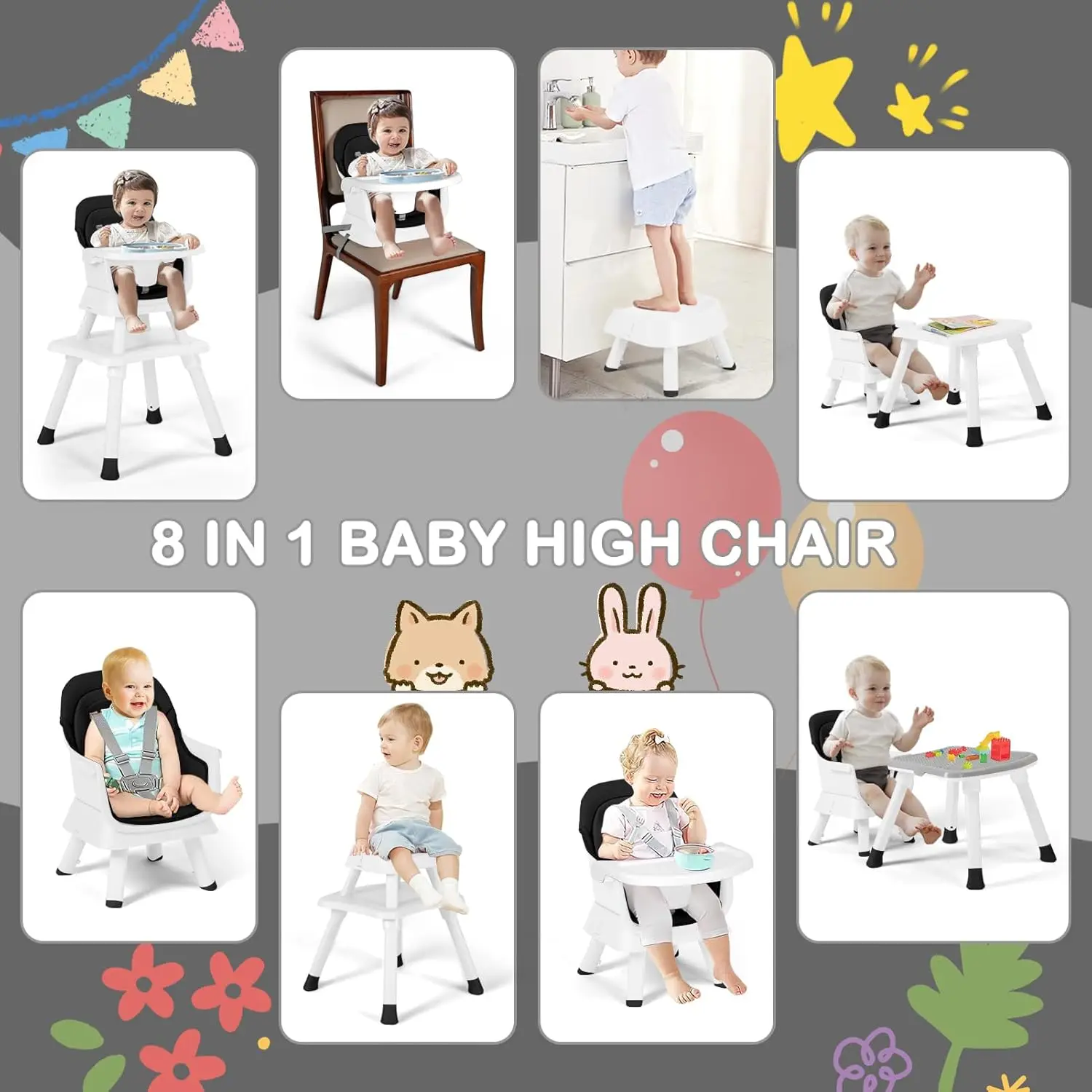 Baby High Chair, 8 in 1 Convertible Highchairs for Babies and Toddlers, Children Dining Booster Seat/Kids Building Block Table