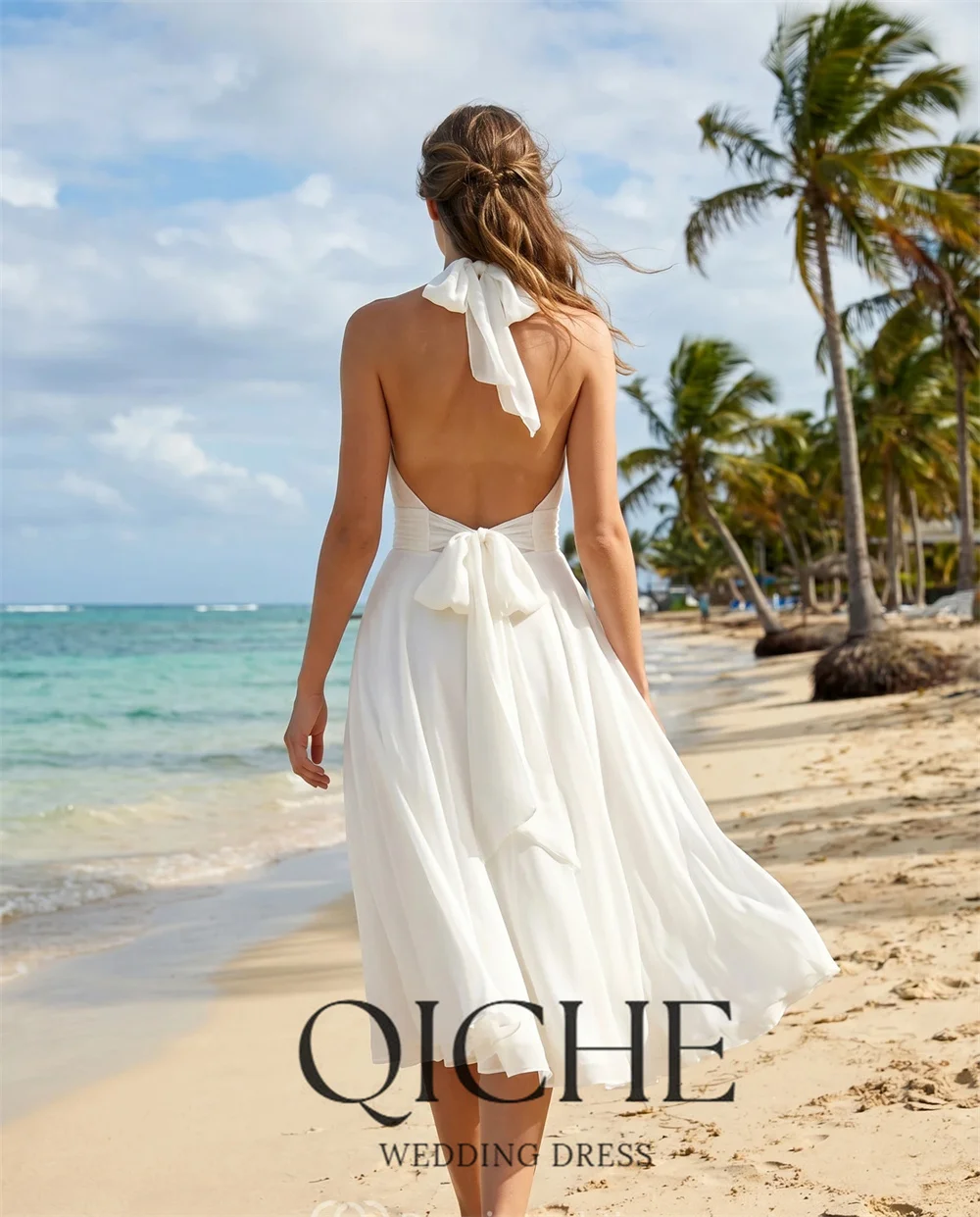 QICHE Simple Deep V-Neck Halter A-Line Wedding Dress 2026 Sleeveless Open Back Chiffon Bridal Gowns Customized Vestidos De Novia