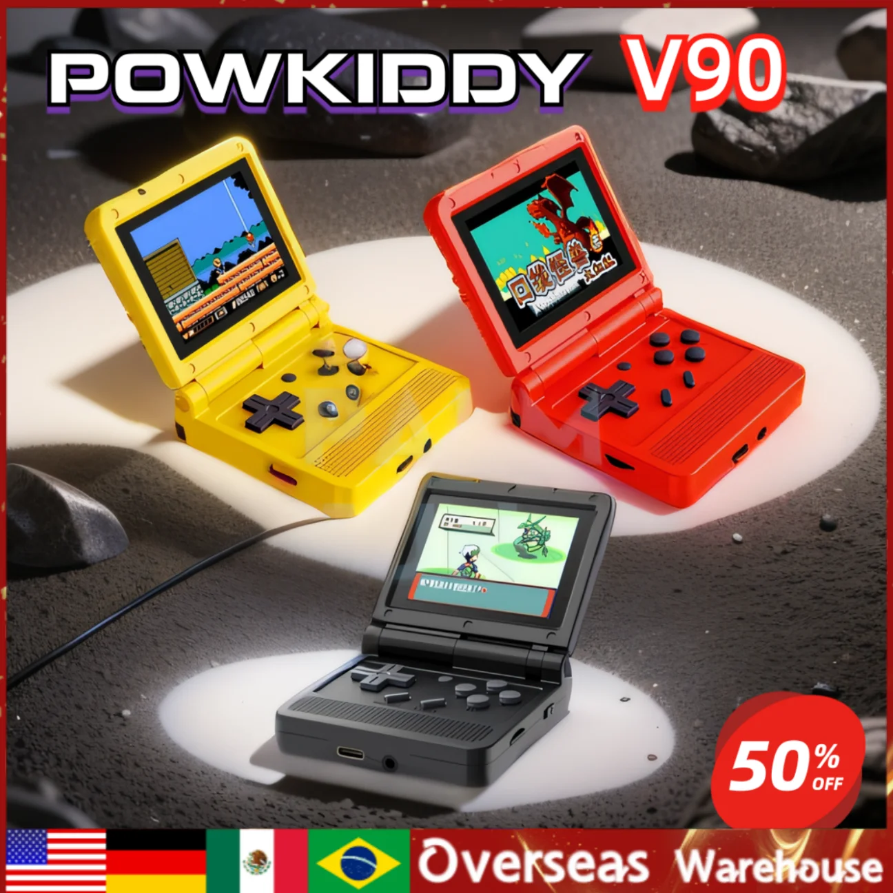 POWKIDDY V90 Video Game Consoles IPS Screen Handheld Game Console Open  System Game Console 16 Simulators PS1 Children's gifts