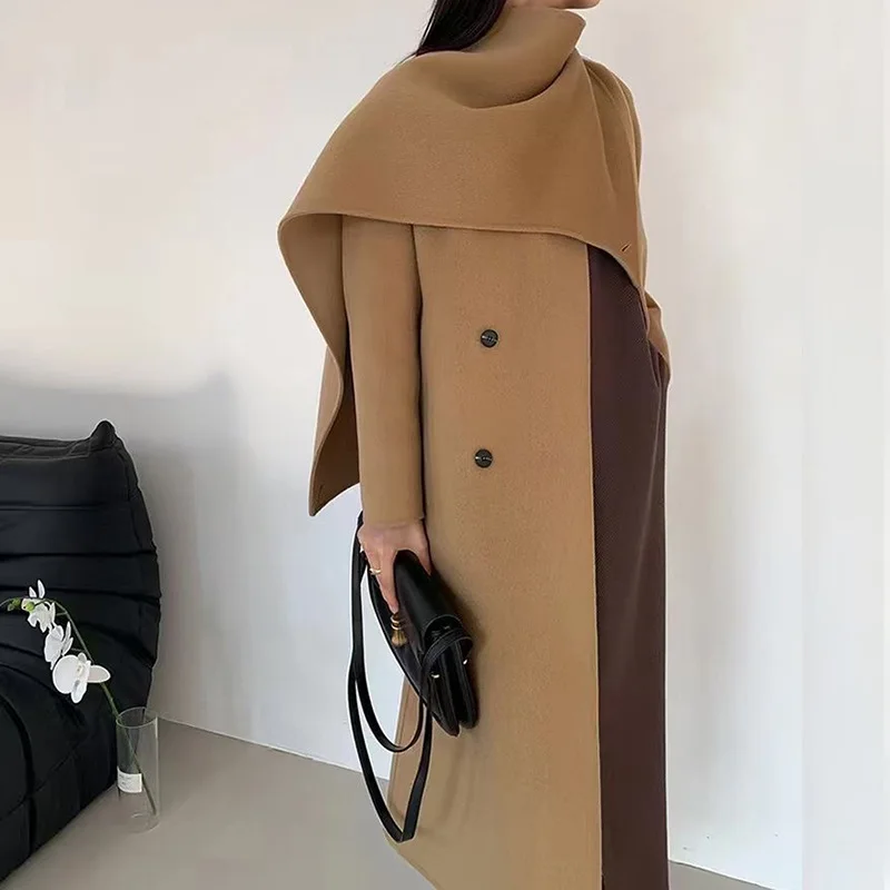 

2024 new coat, shawl, scarf collar, double-breasted solid color extended women's double-sided woolen coat.