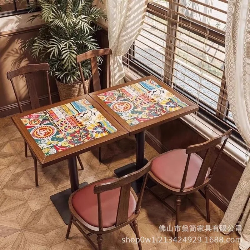American cafe table and chair solid wood combination retro catering hot pot sugar water dessert shop western restaurant square t