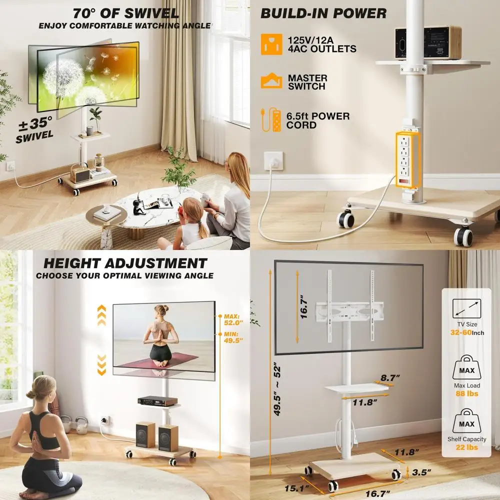 

Регулируемая поворотная подставка для телевизора с полкой, мобильная тележка для телевизоров 32-60 дюймов, белая