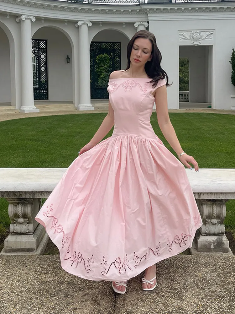 Schulterfreies, besticktes, tailliertes langes Kleid für Damen – Luxuriöses, weit ausgestelltes, schmales Party- und Abendkleid – Elegantes Damen-Vestido Longos – Detail 12