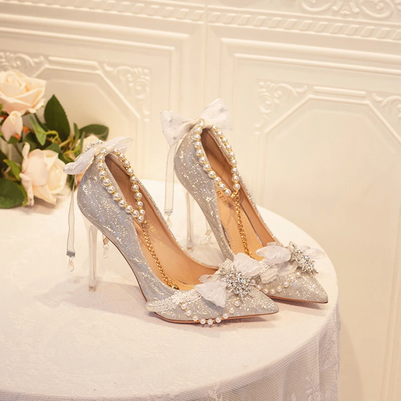 

Original Lolita Handmade Lo Shoes With Thin Shiny Sequins High Heels Sweet Flower Wedding Lolita Girl Single Shoes