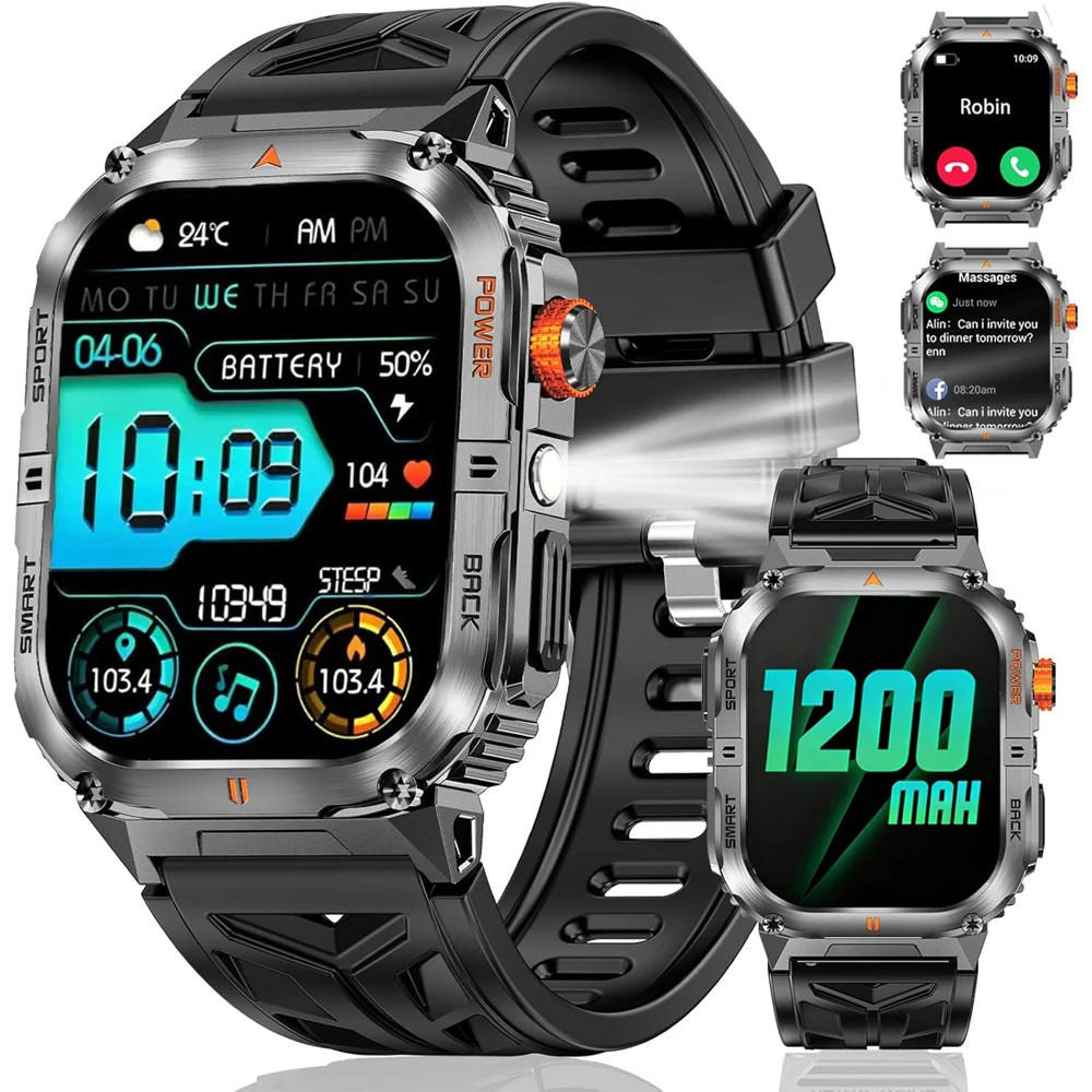 

Military Smart Watch for Men 1200mAh Battery LED Flashlight BT Calls Heart Rate 100+ Sport Modes Fitness Tracker for Android/iOS