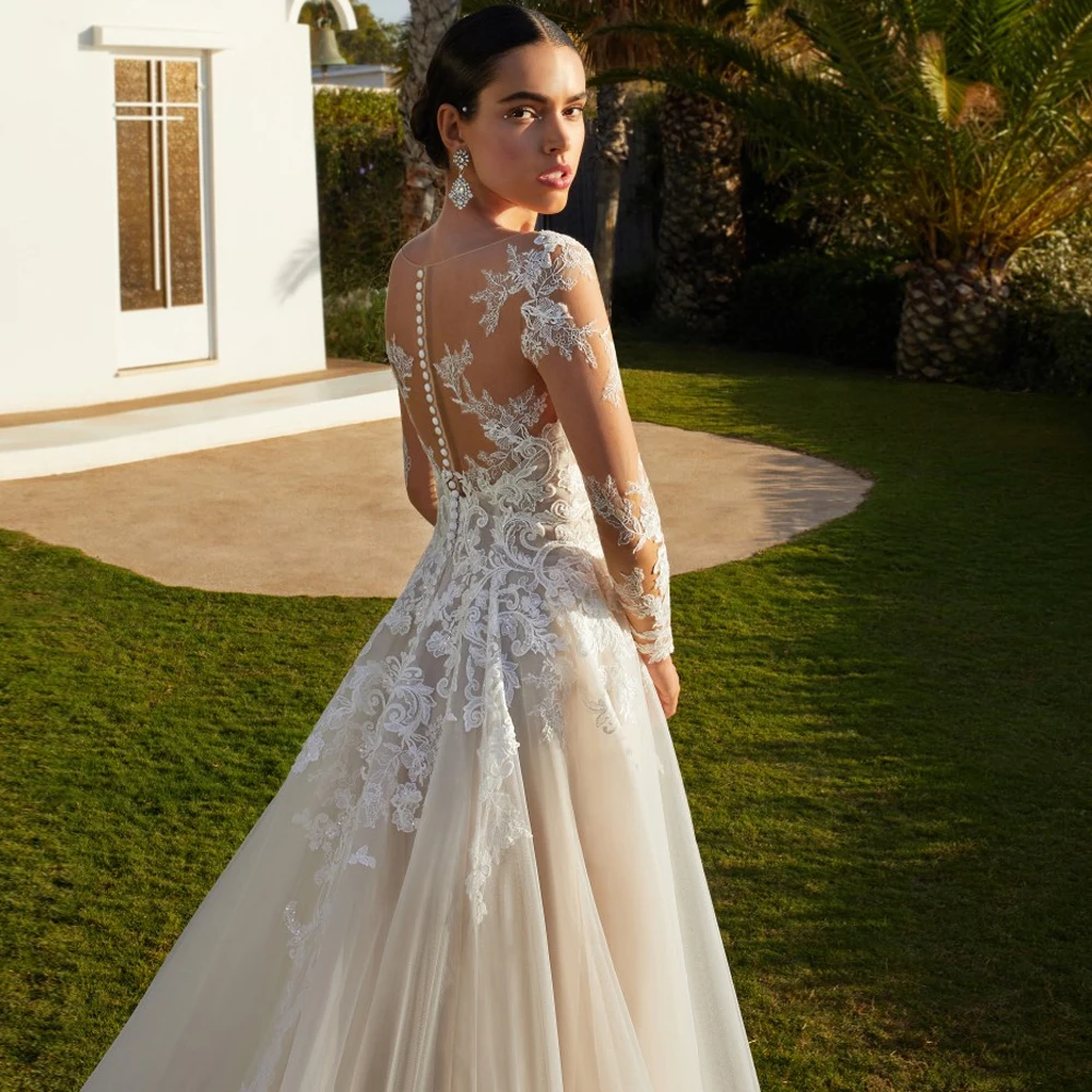 Gaun Pengantin A Line Kustom Gaun Pengantin Lengan Penuh Leher Perahu Applique Renda Ritsleting Belakang Ilusi Baru Vestido De Novia