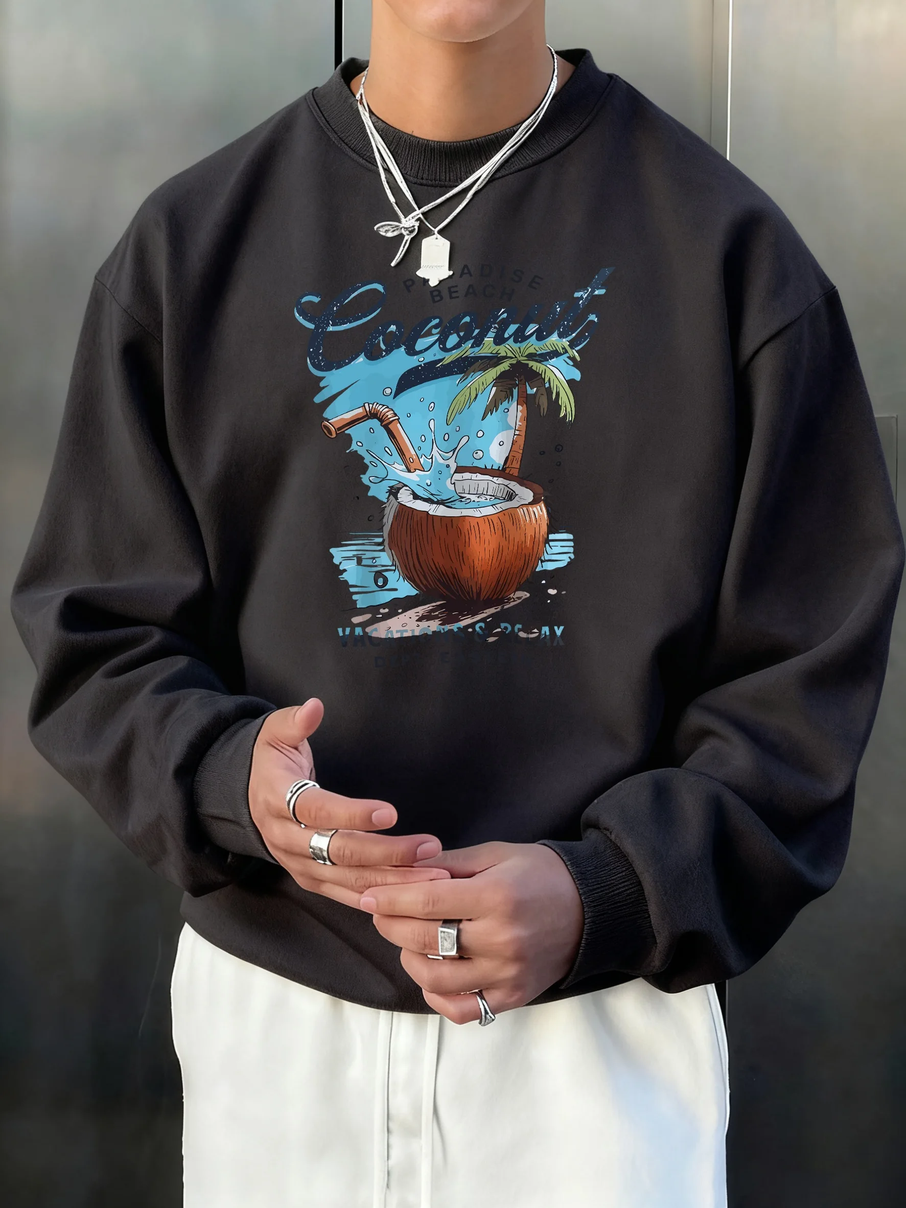 Pardise Beach Cocount Vacation Relax Printed Men Sweatshirt Trendy O-Neck Long Sleeve Comfy Soft Pullovers Fleece Autumn Clothes