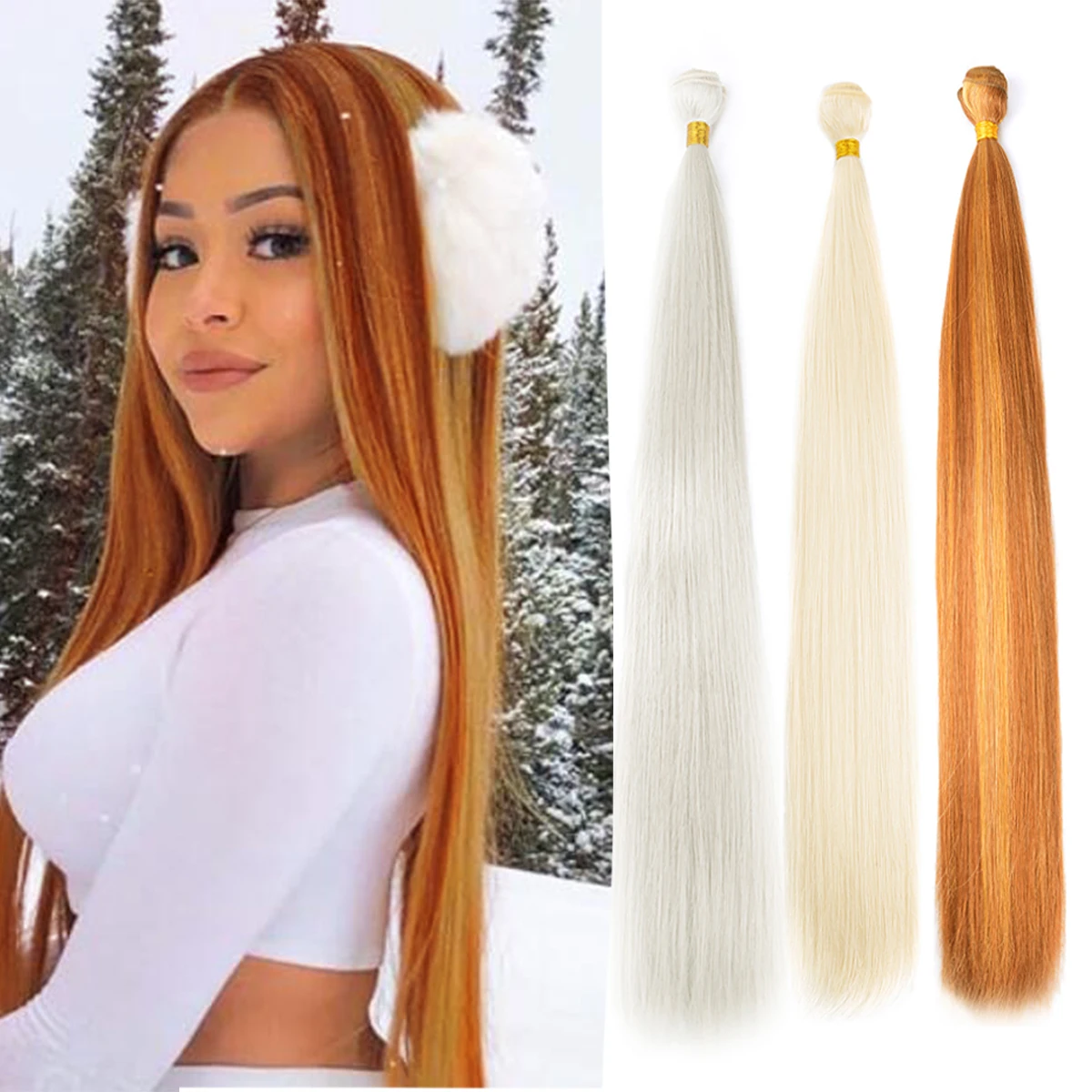 Straight Hair Bundles Extensions Smooth Ombre Hair Weaving 24Inch Super Long Synthetic Straight Hair Bundles Full to End