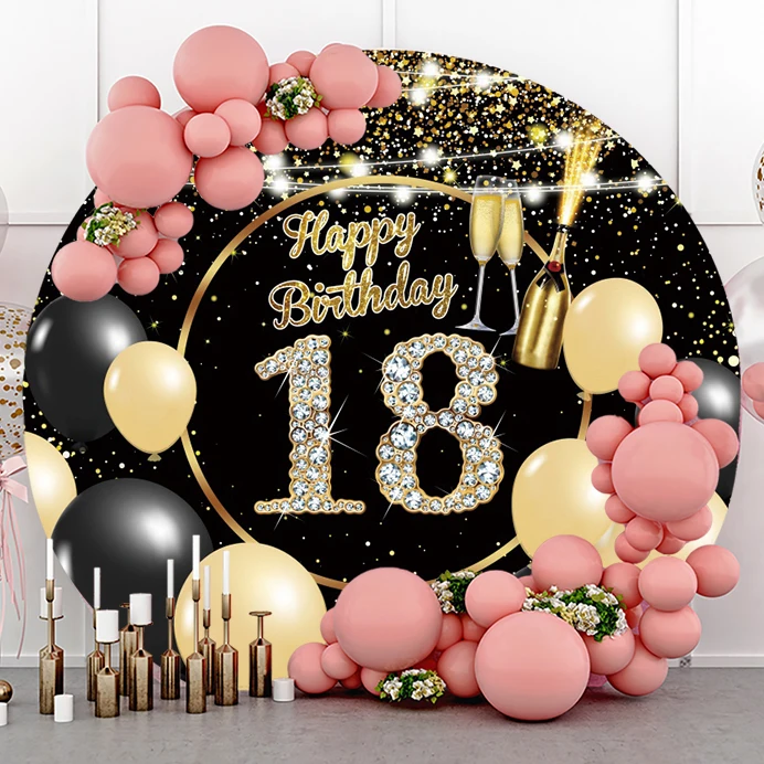 

18th Birthday Golden Polkas Dots Round Backgrounds Diamond Champagne Balloons Glitters Banner Customized Photography Backdrops