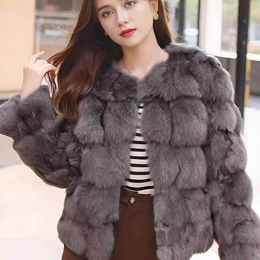 2024 Autumn Winter Real Fox Fur Coat Women Normal Round Collar Overcoat Classic Fashion Young Style Outer Jacket Genuine Fur