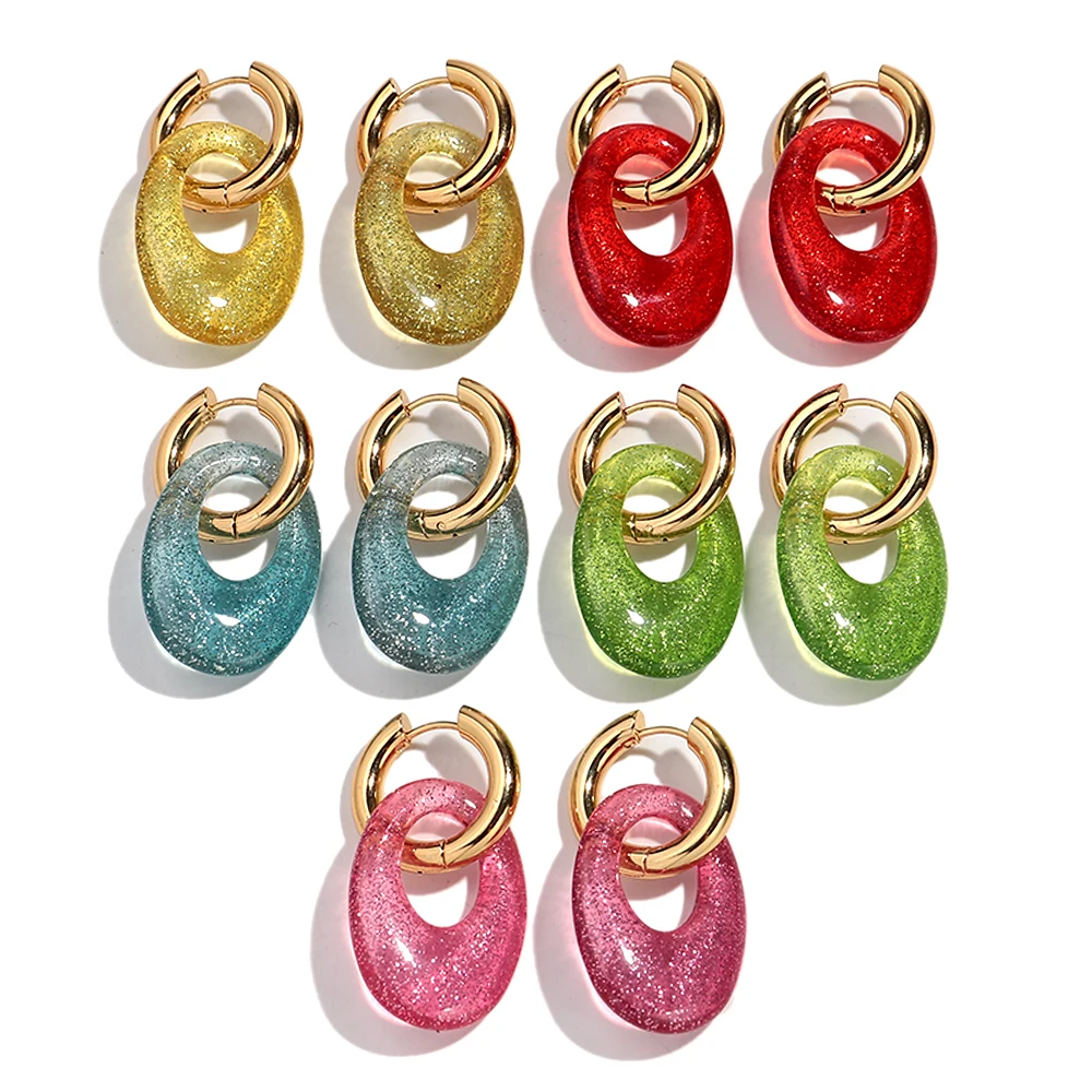 Neue glitzernde Harz-geometrische Tropfen-Ohrringe für Damen, modisch, 18 Karat vergoldeter Edelstahl, Ohrring-Creolen, Statement-Schmuck, Geschenk
