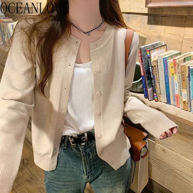

OCEANLOVE Thin Short Cardigans Spring Autumn Solid Sweet Women Sweaters Basics Casual Korean Fashion Elegant Sueter Mujer