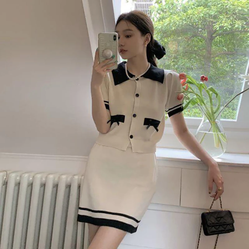 Fashionable Cute And Sexy Commuter Slim-Fitting Micro-Elastic Short-Sleeved Skirt Two-Piece Set