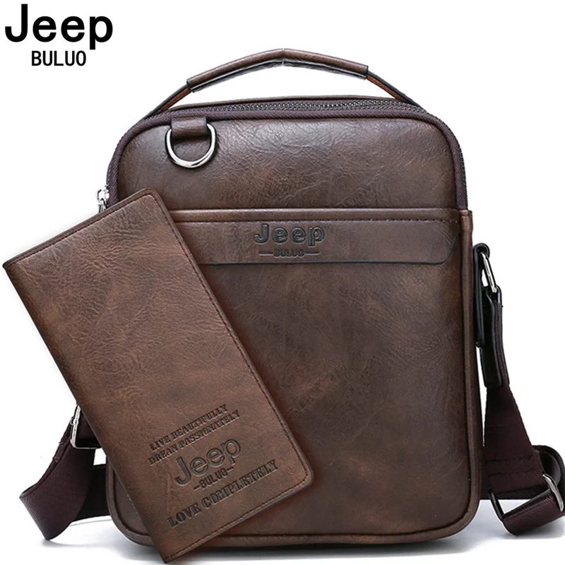 JEEP BULUO Brand Handbag Men Messenger Bags Splite Leather 2pc set Crossbody Business bag For iPad mini MaleShoulder Bag